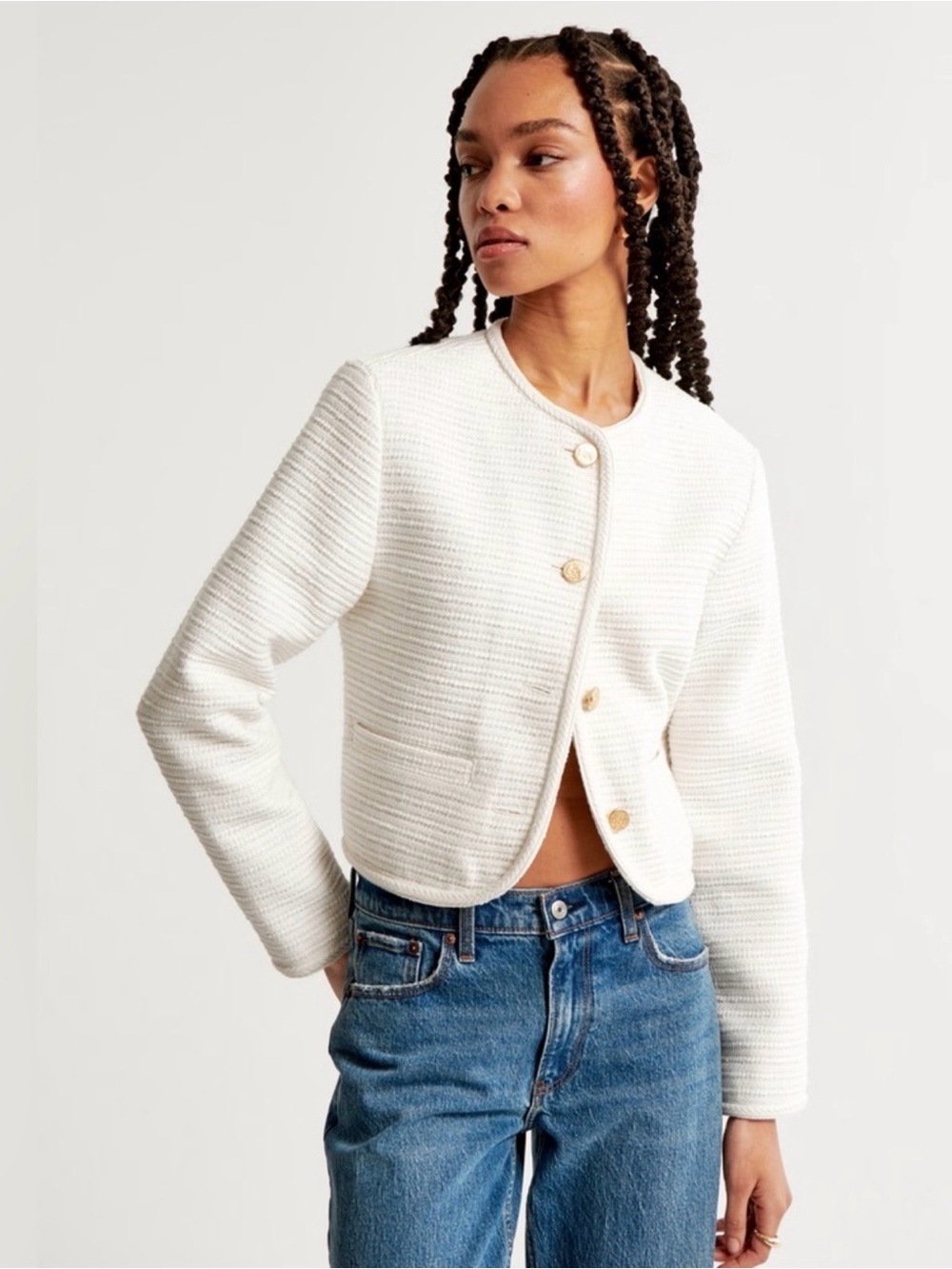 Abercrombie & Fitch Collarless Tweed Jacket Blazed Gold Buttons Cropped Boxy Fit